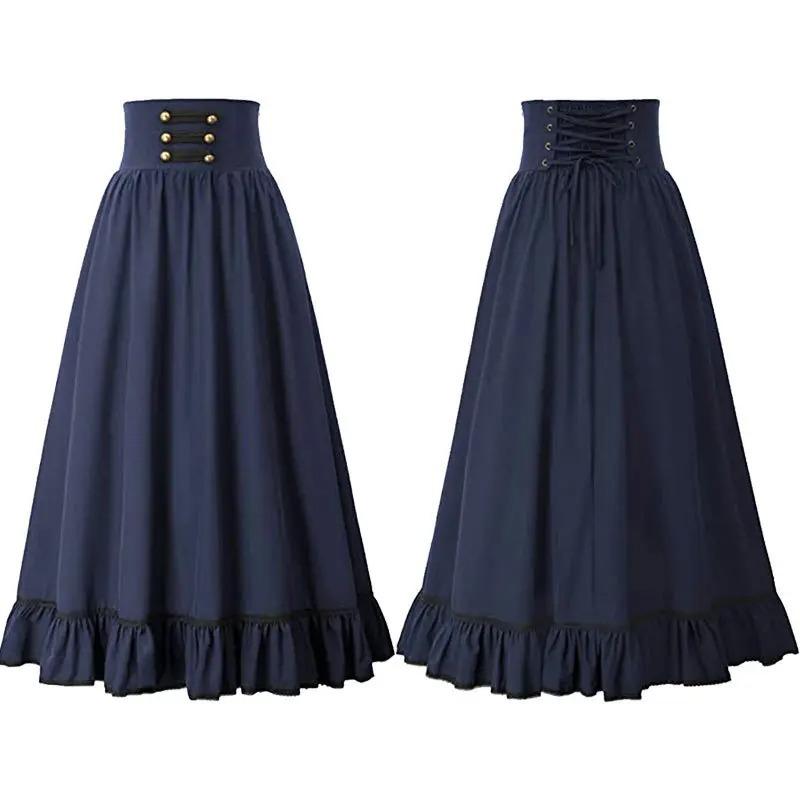 Gonna Lunga da Donna Medievale Vintage Estiva Vita Alta Linea ad A Vittoriana Lunga Steampunk Gotica Ruffle Pieghettata Gonna da Festa