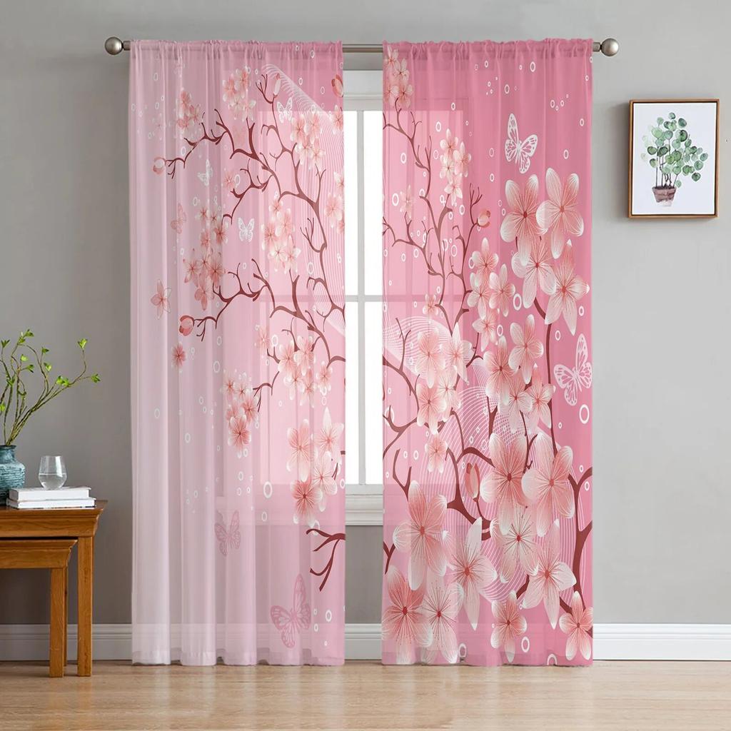 Spring Cherry Blossom Branch Tulle Sheer Curtains for Living Room Bedroom Kitchen for Windows Voile Drapes Home Decoration