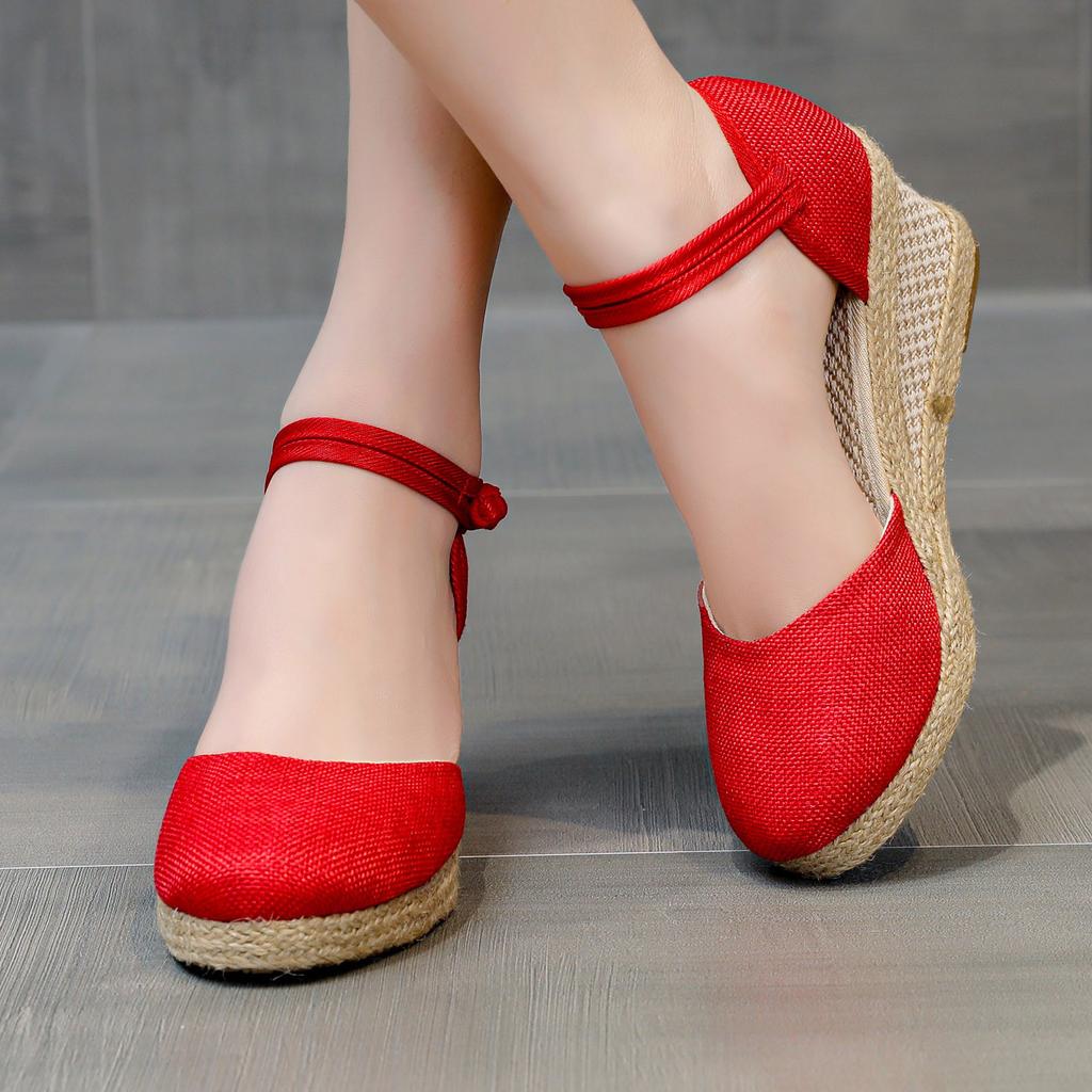 Womens Sandalias Wedges Comfortable Pointed Hemp Rope Weaving Casual Shoes