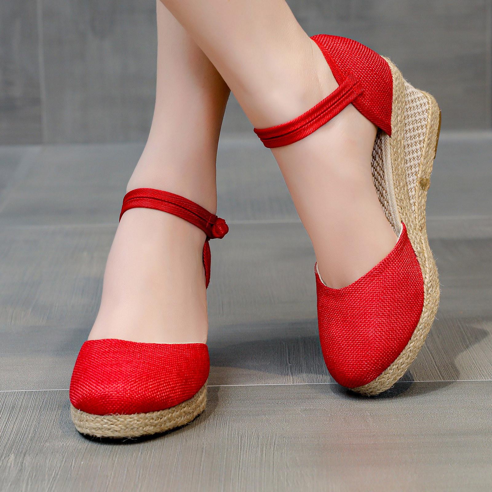 Женские сандалии на танкетке удобная повседневная обувь с заостренным плетением из пеньковой веревки 36 красный 1898₽