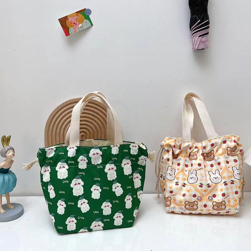 Cartoon Portable Lunch Drawstring Bag Student Kids Bento Pouch Dinner Box Women Work Canvas Food Tote For Travel Picnic
