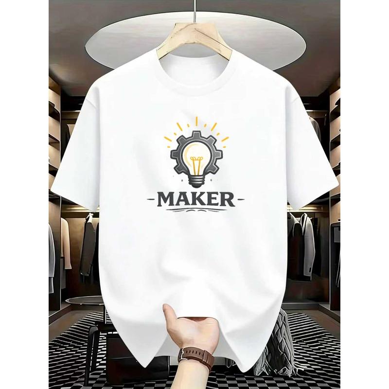 European sizes Maker Retro Style "Maker" Printed Men's T-Shirt, Summer Breathable Short-Sleeve, Regular-Fit Daily Casual Machine-Washable