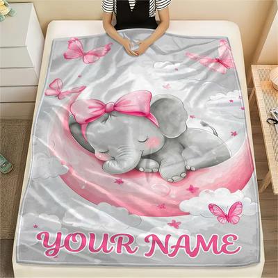 1 Stück Benutzerdefinierter Name Rosa Elefant Träume Gemustert Flanelldecke Geeignet für Alle Jahreszeiten für Heimdekoration Wärme und Komfort Geschenke Feiertagsgeschenk_lx