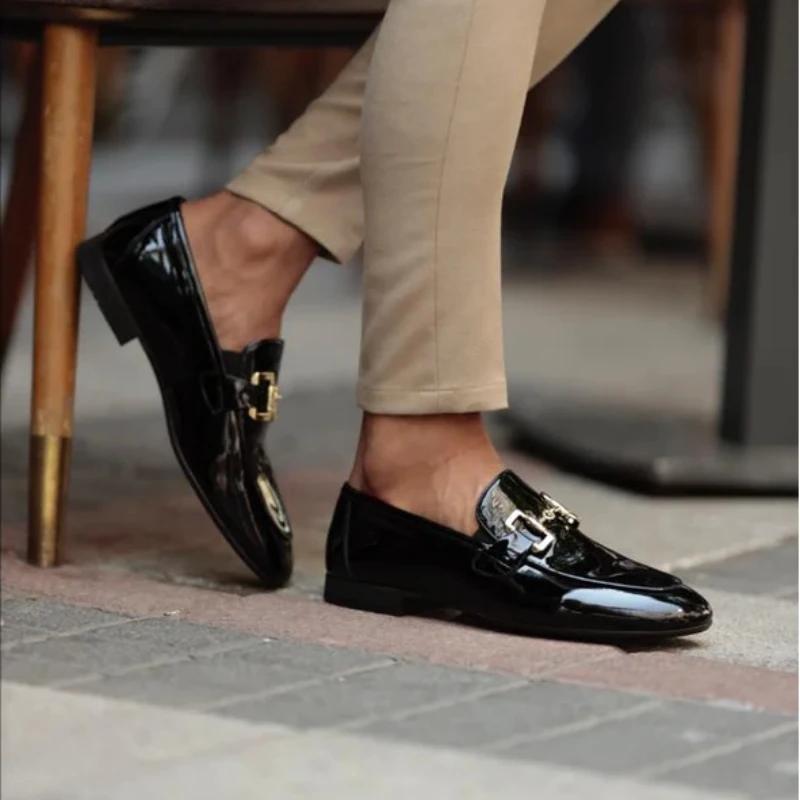 Nye Loafers Metallpynt Slip-On Pustende Bryllup Svart PU-skinn Størrelse 38-46 Håndlagde Herreloafers