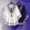 Women Summer Shirts Oversized Retro Boho Style Embroidery Blouses Top Loose Cotton Lace Hem Bat Sleeve Shirt