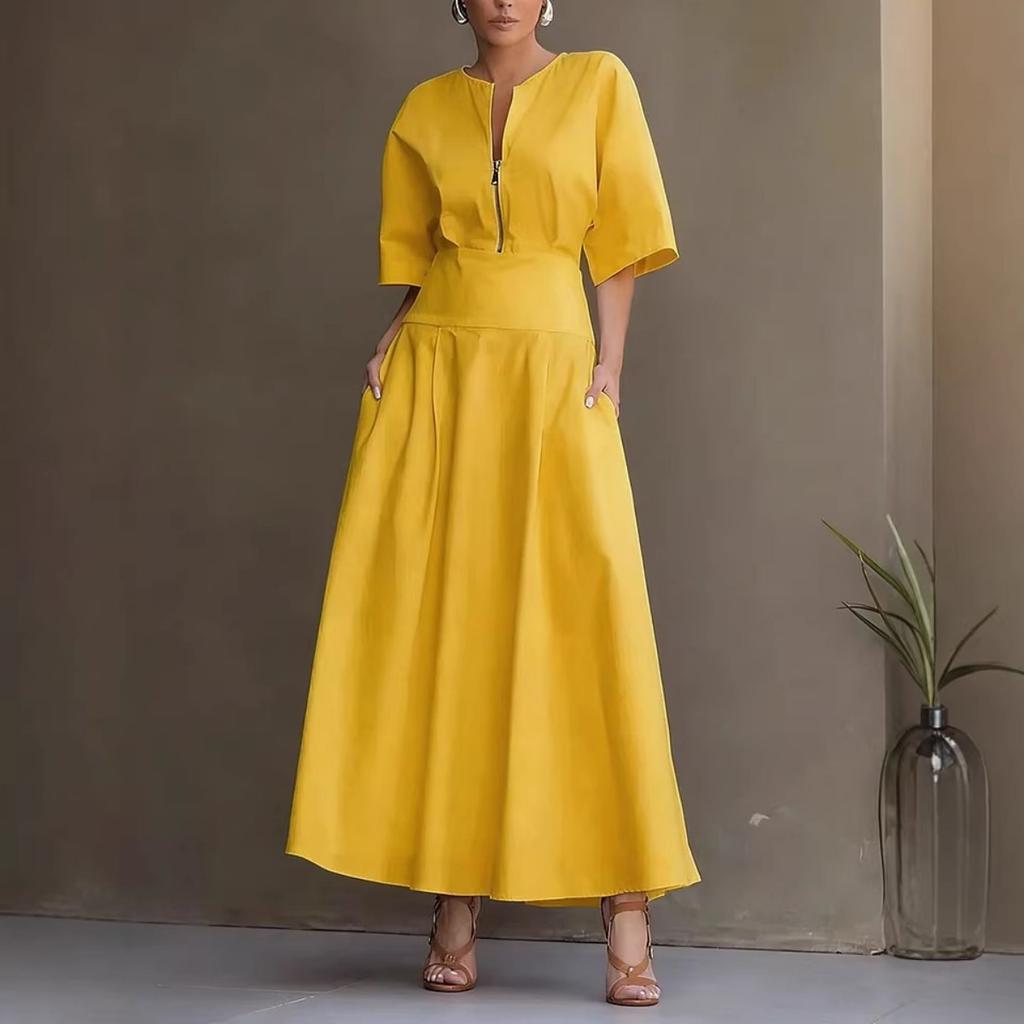 Women's Solid Color Short Sleeve Maxi Swing Dress Casual Fashion Summer Dress for Women