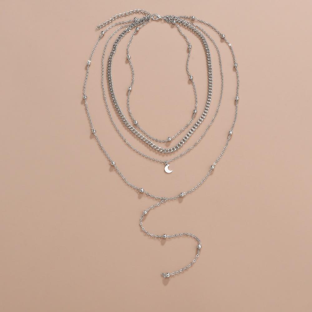 Personalized stacked wind women's multi-layer chain necklace moon mixed bead long metal necklace collarbone chain