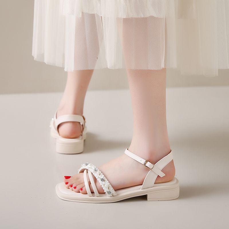 Fashion Sandals for Women Diamond Pearl Purple with Low Heels Woman Shoes Summer 2025 Offers Sale Asian Size Luxury Cheap Liquidation On