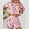 Sommerblumen-Druck Dünnes Pyjama-Set Damen Hauskleidung Sexy Lotosblatt-Kante Kurzarm Crop Tops und Shorts 2 Stück Nachtwäsche