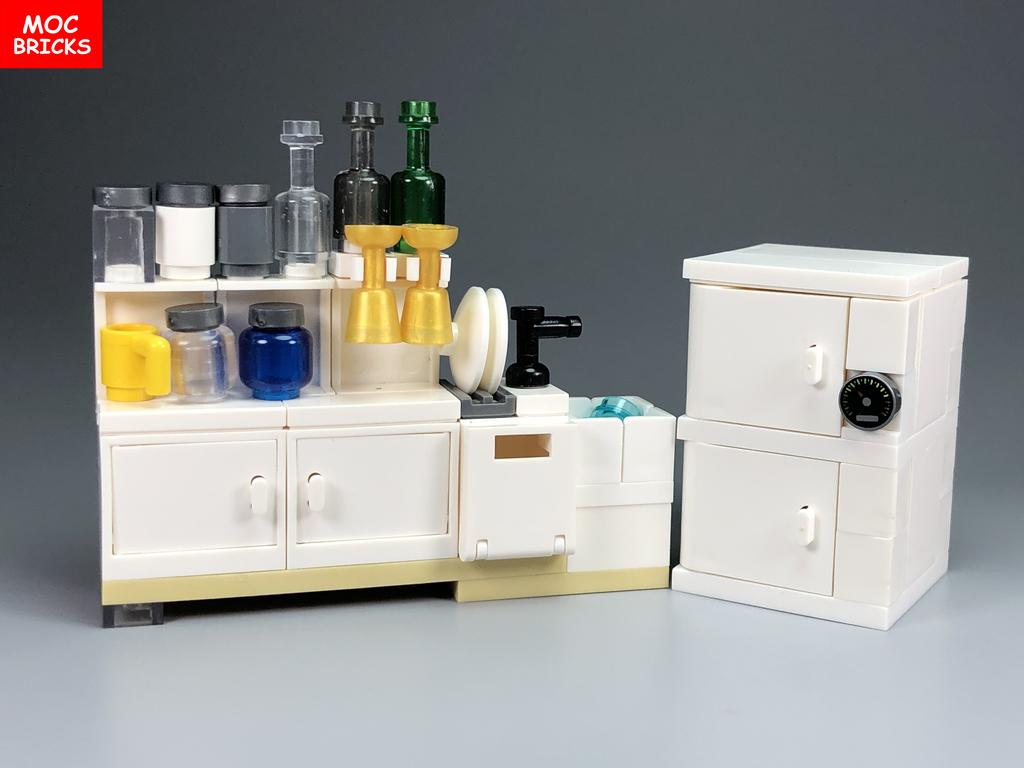 MOC Blocks Kitchen Cabinet Tableware Tool Coffee Maker Machine Water Dispenser Cooking Bench Learning Construction Block Children Toy