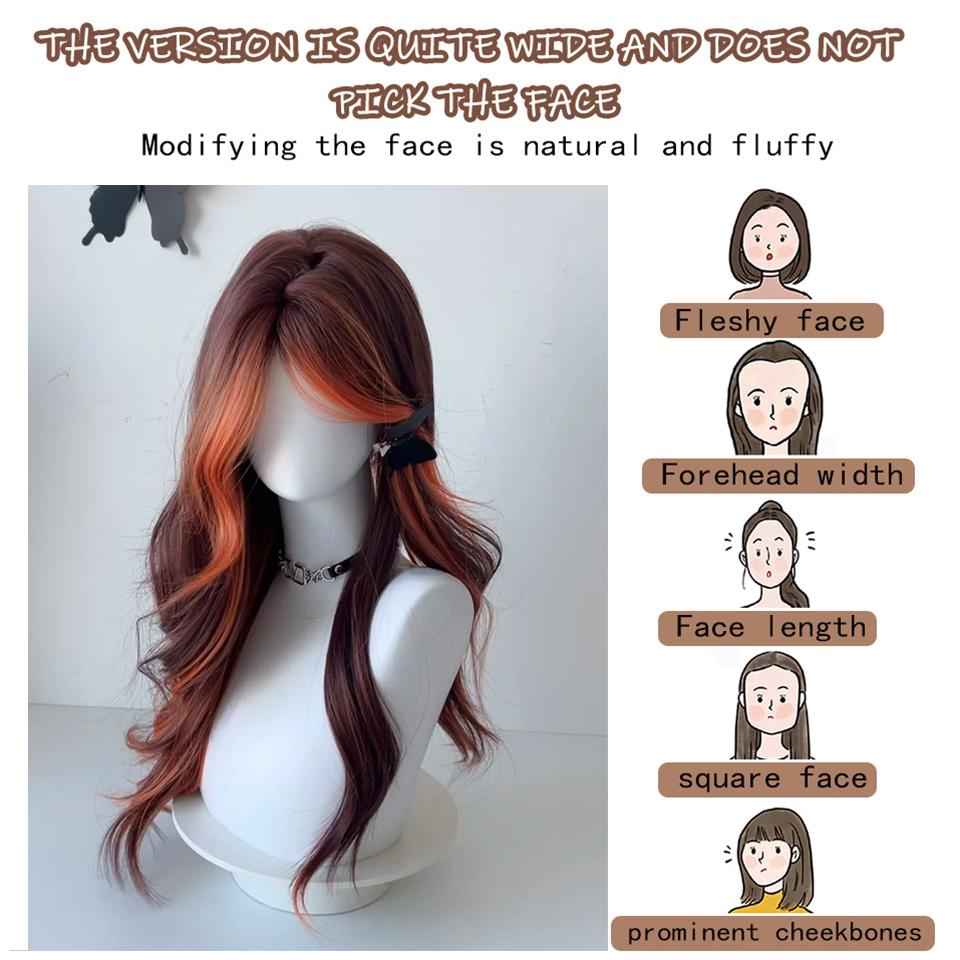Red Fox Highlights Long Synthetic Wig Female Lolita Daily Red-brown Highlights Dirty Orange Bangs Big Wave Party Wig