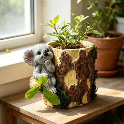 Artificial Stump Planter, Resin Tree Bark Shape Flower Pot with Koala/Frog/Sloth, Rustic Small Barrel Bucket Plant Container for Indoor Outdoor