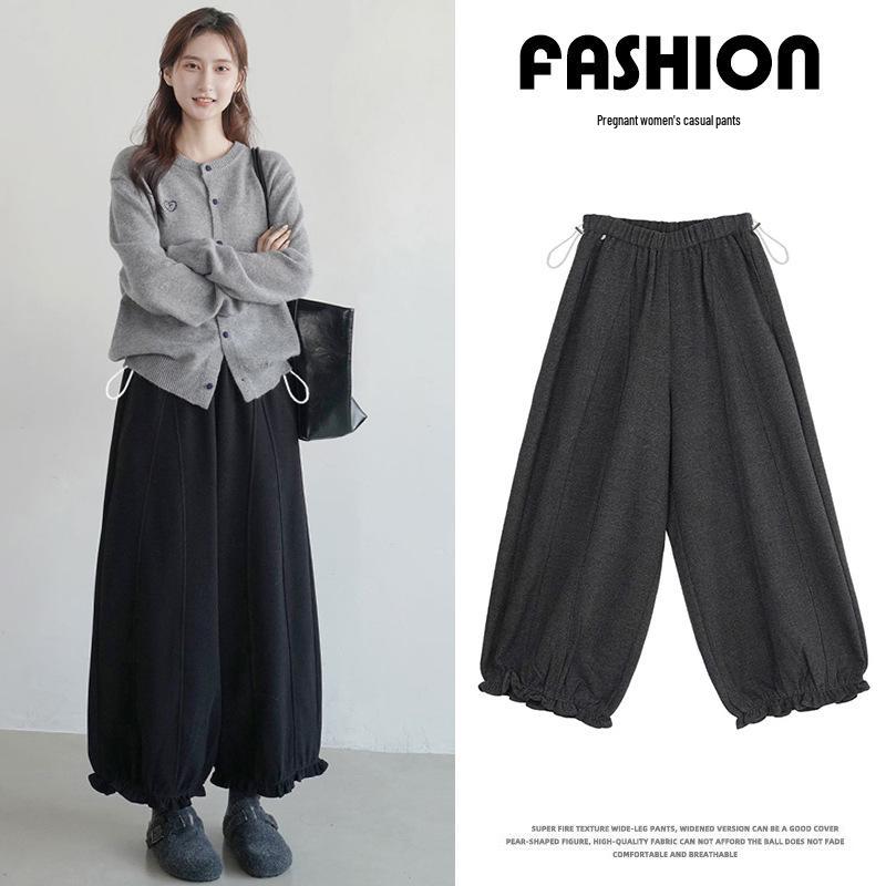 

High-Waisted Maternity Wool Wide-Leg Pants - Autumn/Winter Casual Crop, Slimming Floral Bud Design L
