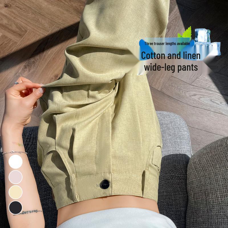 2026 Summer Women's High Waist Wide Leg Cotton & Linen Ice Silk Pants