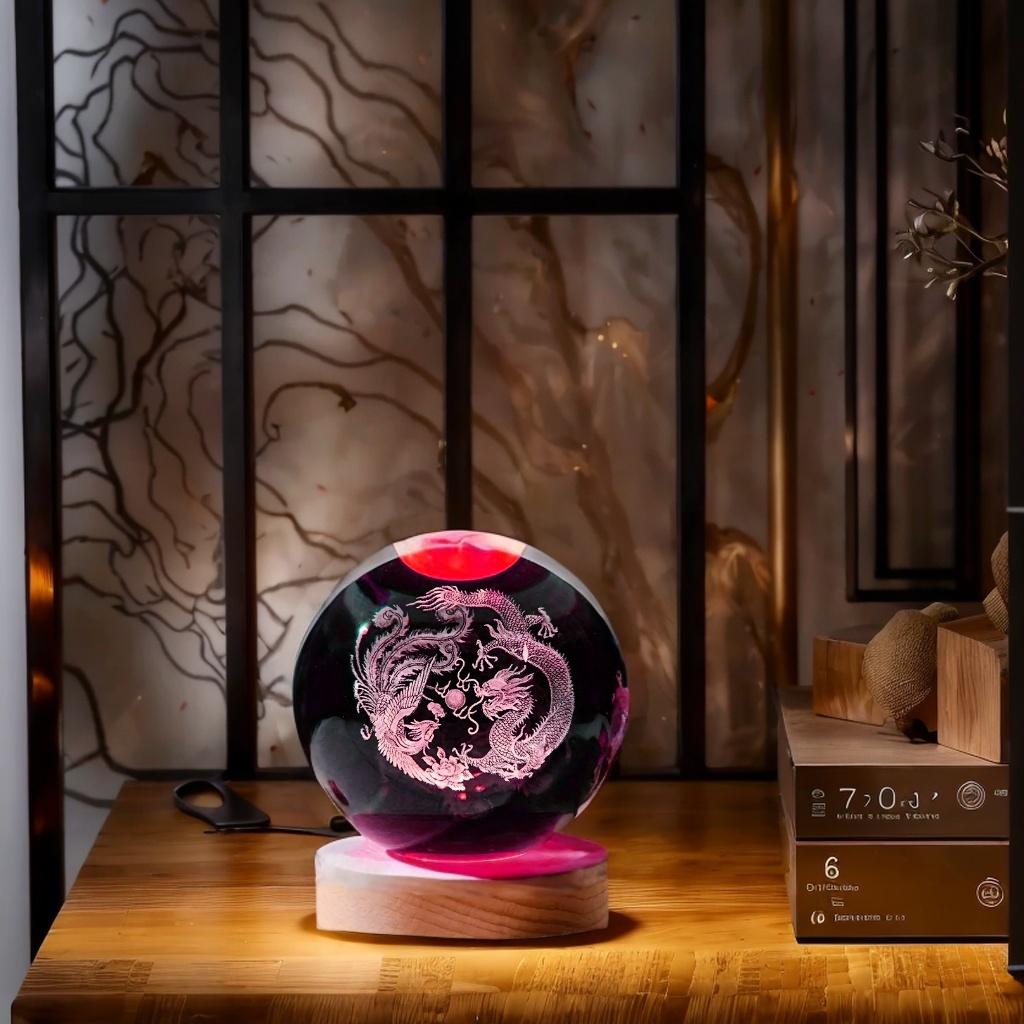 1pc 3D Laser Engraving Dragon Phoenix Auspicious Crystal Ball Night Light Modern Polished Glass Decoration Christmas H