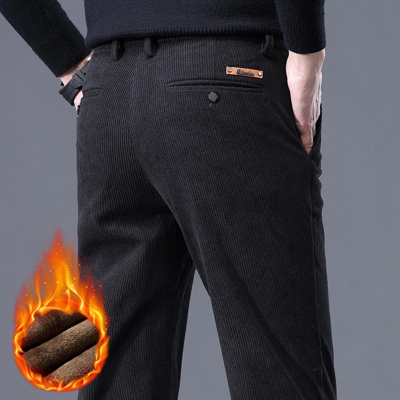 Utumn and Winter Fleece Men's Corduroy Casual Pants Chenille Thick Stretch Business Trousers Mid-rise Thermal Pants