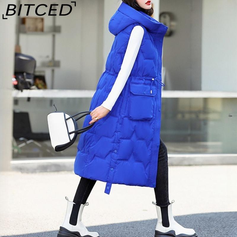 BITCED Women's Plus Size Long Down-Filled Quilted Vest with Hood, Thickened Sleeveless Coat for Autumn/Winter