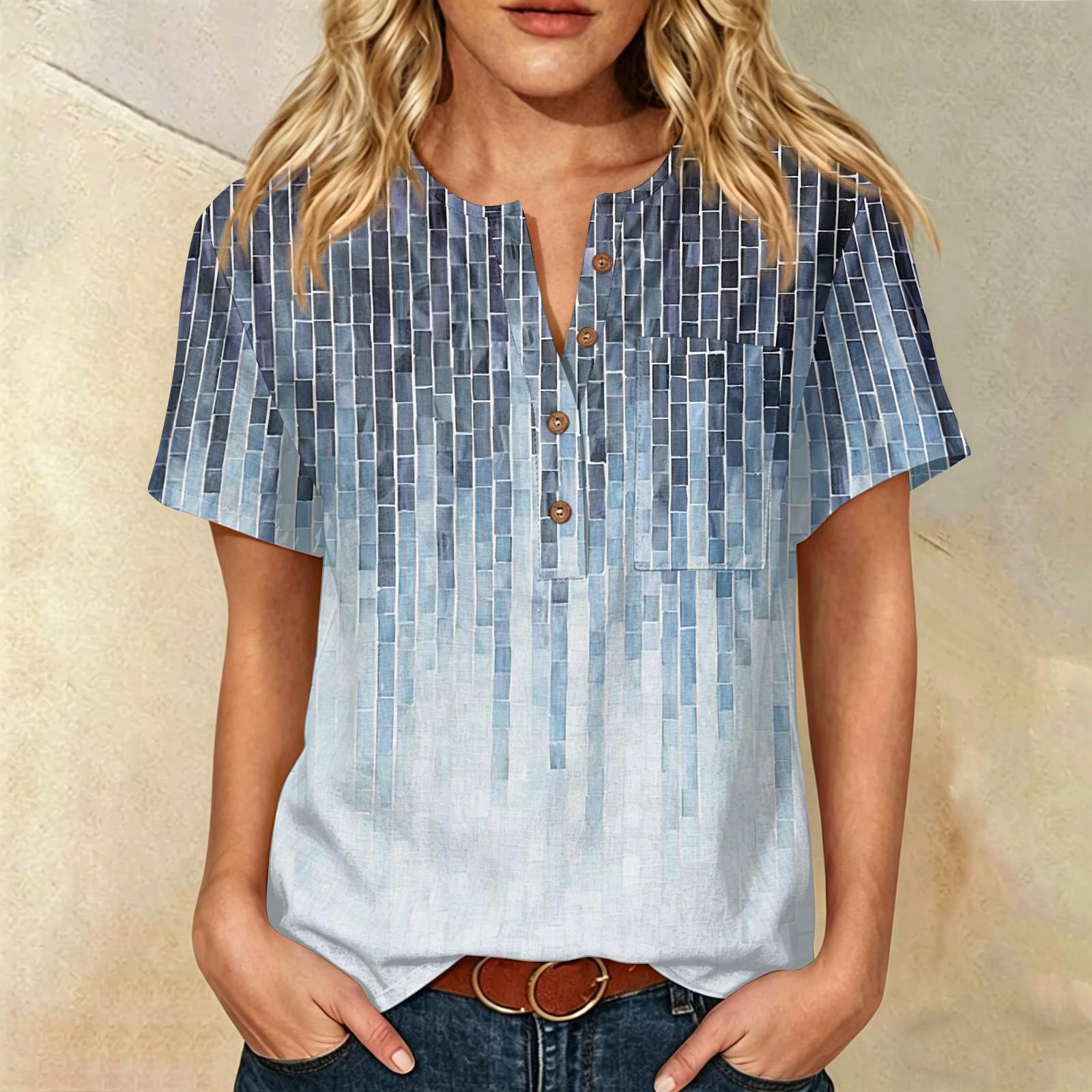 

Women’s Fashion Printed Shirt Cotton Linen Short Sleeve Henley Neck Button Front Pocket Design Loose Fit Top for Daily Wear L