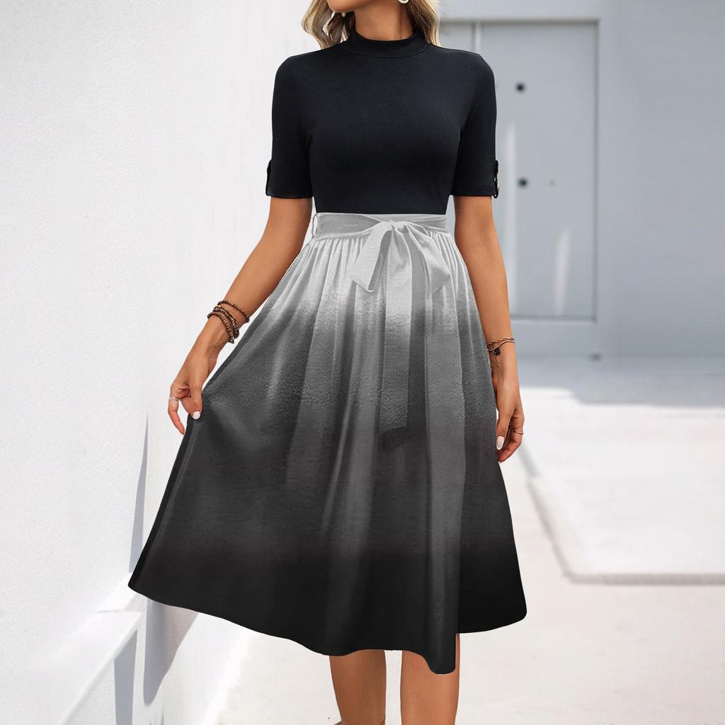 Women's Fashion Casual Belt Short Sleeve Round Neck Elegant Temperament Dress