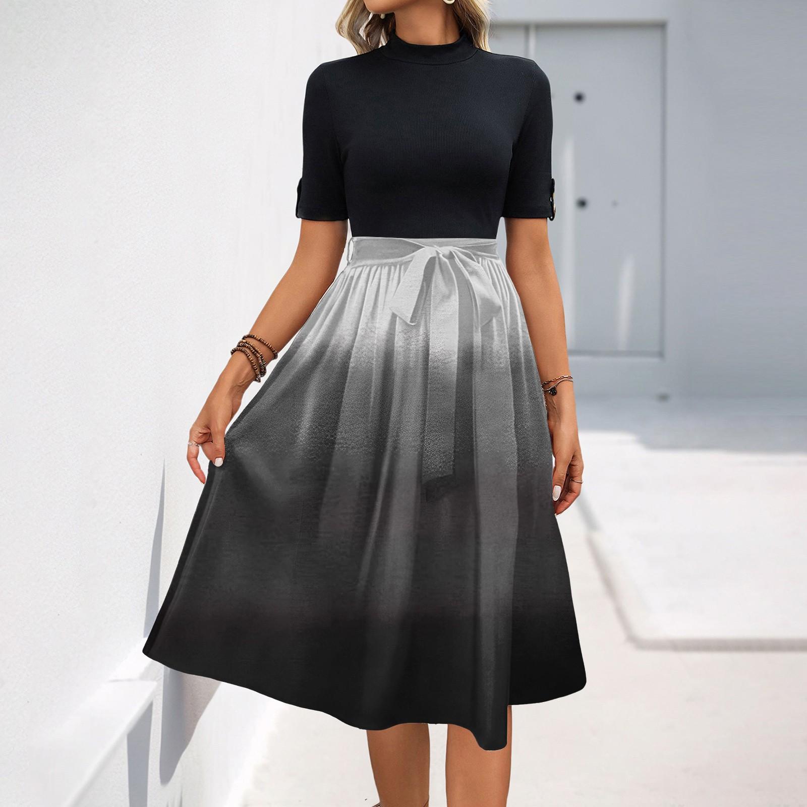 

Women s Fashion Casual Belt Short Sleeve Round Neck Elegant Temperament Dress L