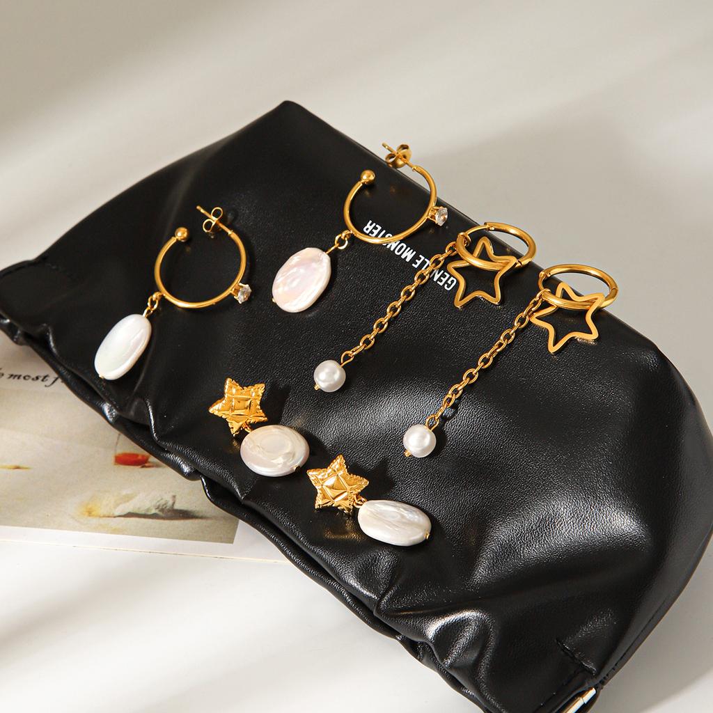 50/2000 French Vintage Star Earrings, Fashionable Versatile Pearl Tassel Studs, Titanium Steel Drop Earrings