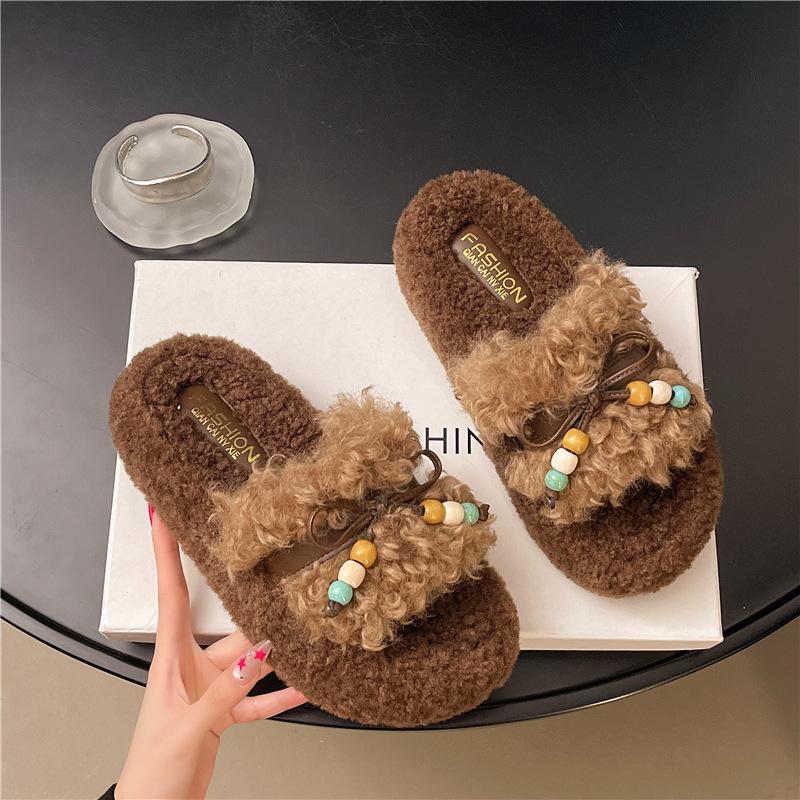 

Корейские женские тапочки на толстой подошве и с пушистой отделкой, для ношения в 2025 году, новые осенне-зимние хлопковые тапочки мягкой подошвой и в сочетающейся расцветке 40 хаки