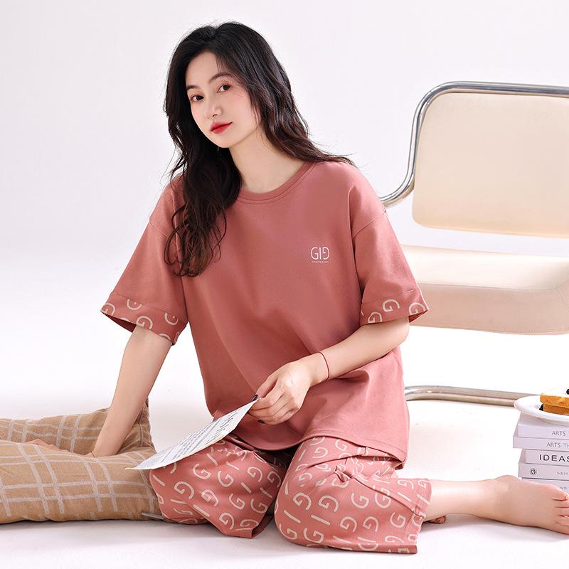 Pajamas women's summer pure cotton short-sleeved printed cropped pants thin cotton women's loungewear summer loose large size set
