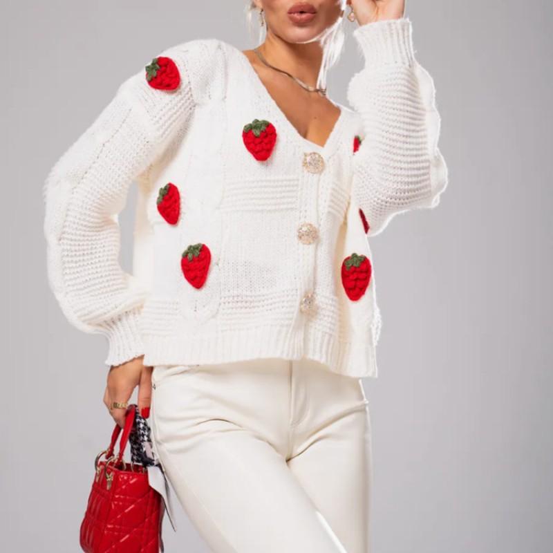 Womens Oversized V-Neck Knit Cardigan With 3D Strawberry Print Loose Fit Casual Sweater Jacket Acrylic Blend 2025