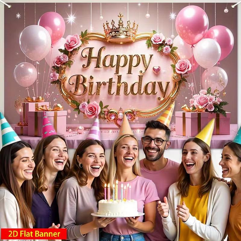 

2D Pink Gold Birthday Backdrop, Princess Crown & Balloon Party Wall Decor Banner 47.2x31.5inch/120*80cm