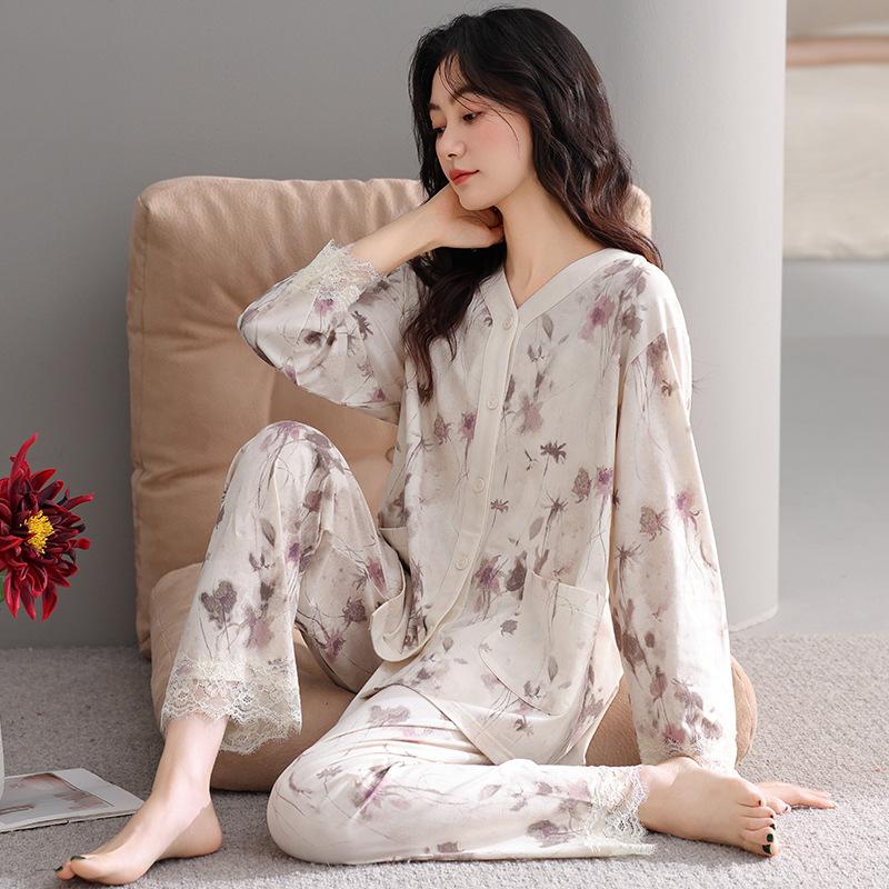 Spring and autumn pajamas women's pure cotton long-sleeved high-end national style V-neck cardigan women's autumn large-size loungewear set