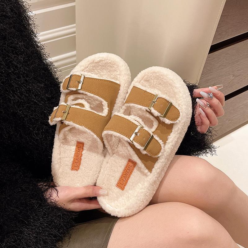 Thick-bottomed versatile fluffy slippers, new in autumn and winter 2025, one-word with velvet casual cotton slippers, one-pedal slippers