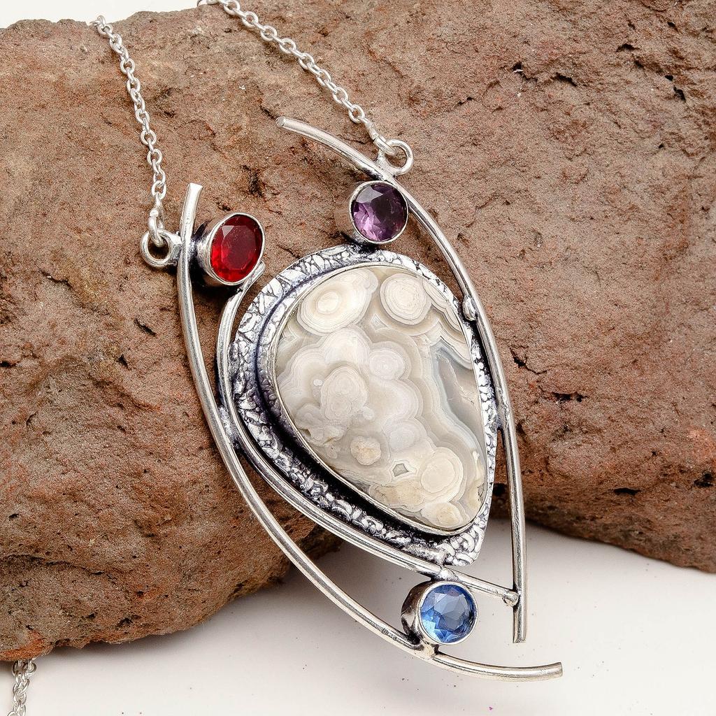 Crazy Lace Necklace Agate Gemstone Pendant Silver Natural Jewelry  Jewelry