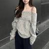 Sweter z odkrytymi ramionami, dzianinowy top z długim rękawem, sweter typu pulower dla kobiet, casualowy temperament
