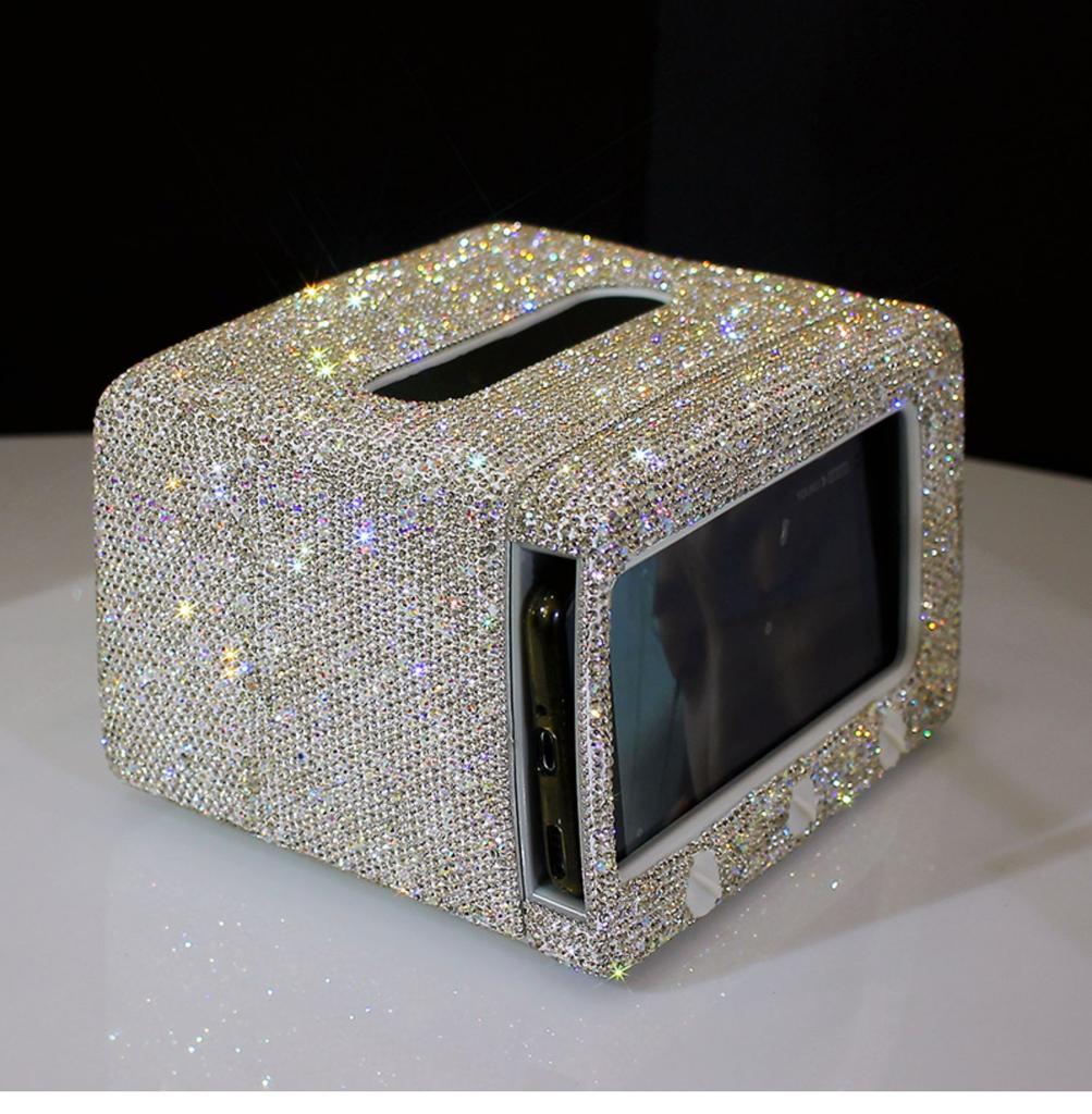 Sparkling Rhinestone Tissue Box Phone Holder Small TV Style Bling Home Desk Decor Tissue Storage Box Napkins Holder Gifts