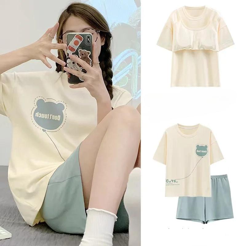 Women Summer Two Pieces Set Pajamas O-neck Short Sleeve Shorts Pant Homewear Thin Loose Cartoon Printing with Chest