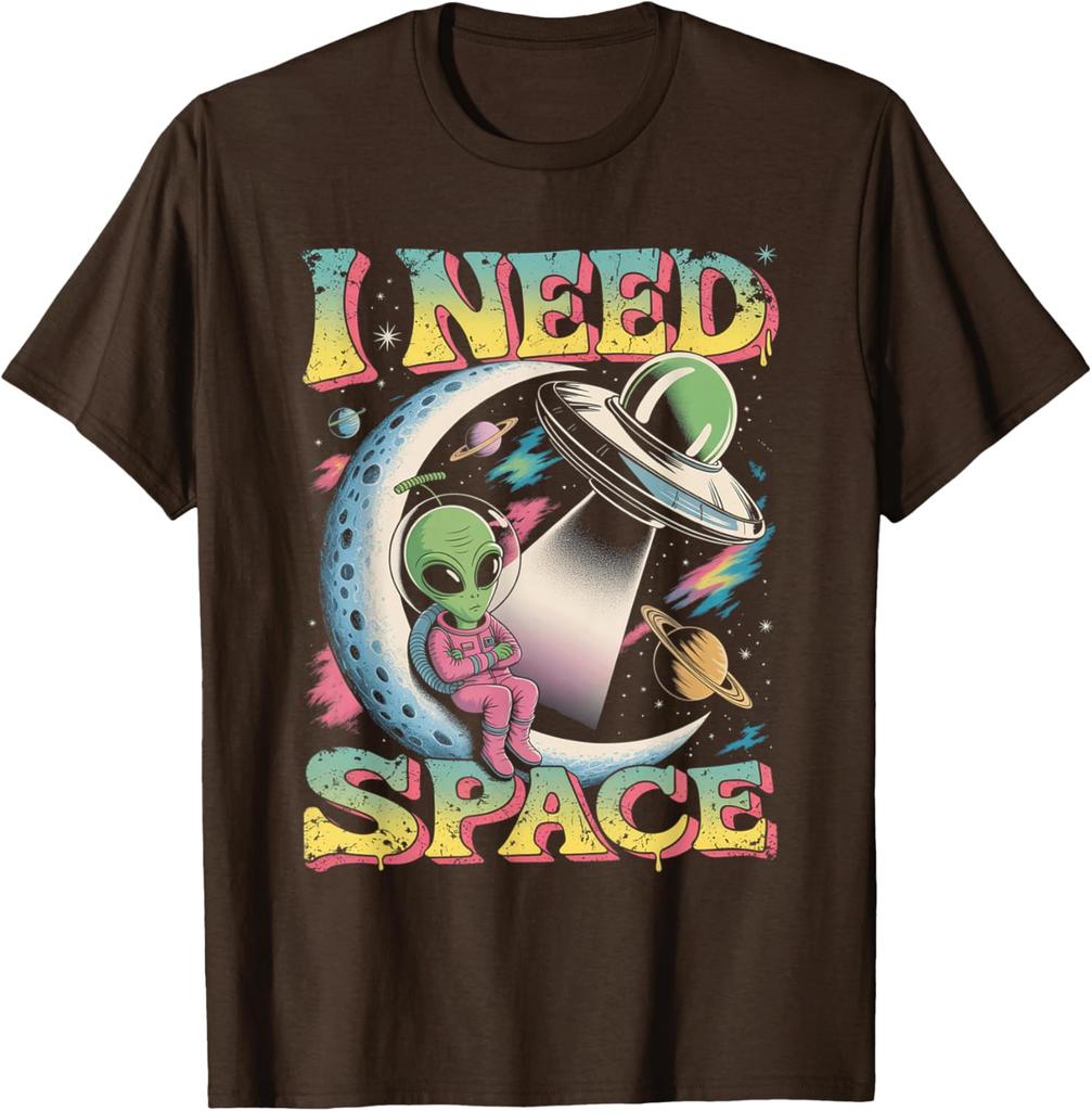 Alien Ich brauche Platz Retro Mond Sitzendes UFO Grafik T-Shirt Baumwolle Lässig Reise T-Shirt