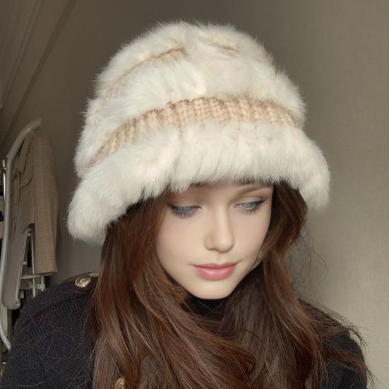 Women Fisherman Hat Imitation Rabbit Fur Decor Autumn Winter Windproof Warm Dome Soft Knitting Basin Hat
