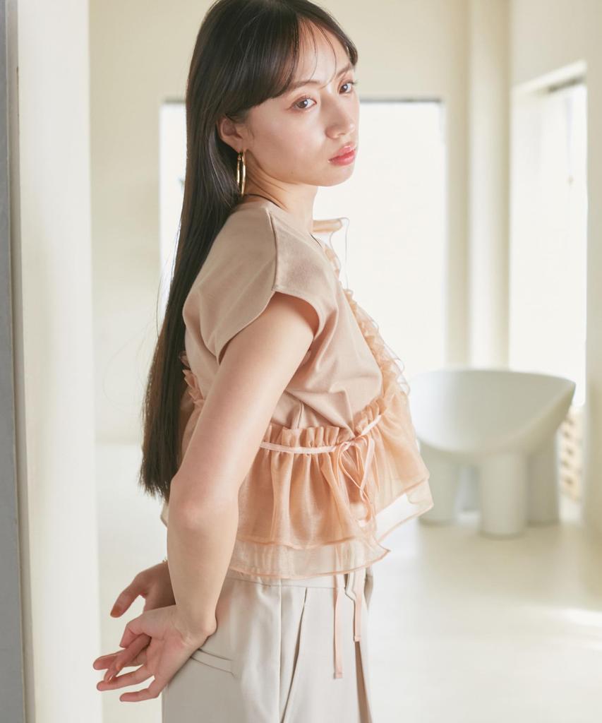 Beige Frilled Docking Pullover with Sash [BIS] Women's T-Shirt (Set) (27)