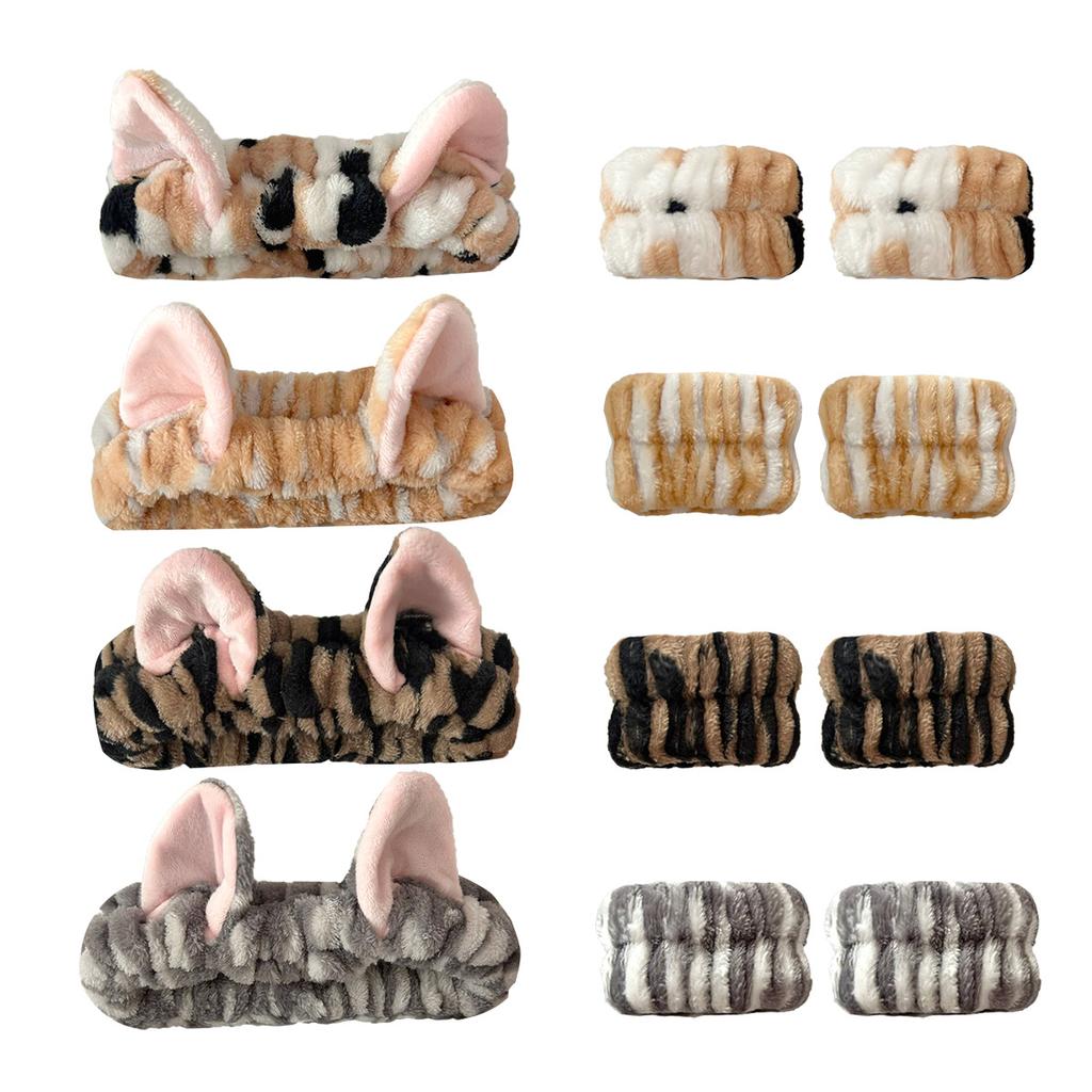 3/12pcs Cute Cat Ear Leopard Print Plush Headband For Women Girls Spa Washing Face and Makeup Headband Elastic Wrist Strap