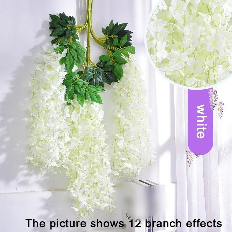 12pcs Fashion Wisteria Artificial Flowers Vine Wreath Wedding Arch Decoration Leaf Rattan Trailing Silk Flower Ivy Wall Decor