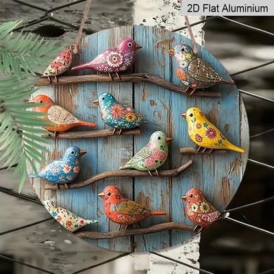 Plano 2D, 1 pieza Redondo de Aluminio Colorido Pájaro de Arte Popular Señal, Vintage Floral Pintado Pájaro Placa de Metal, Impermeable y a Prueba de Óxido, Perfecto para Casa de Campo