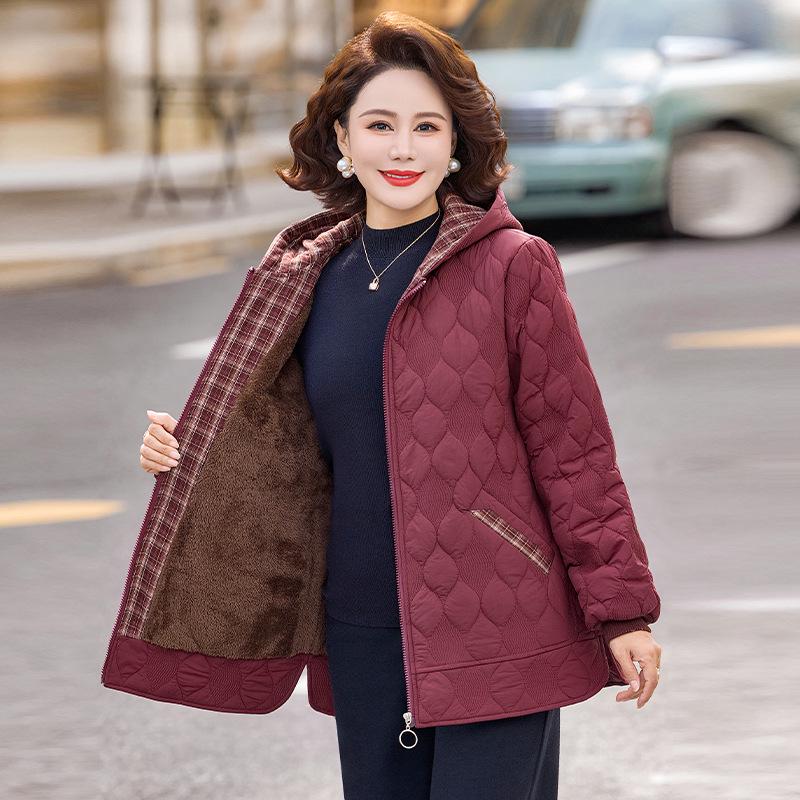 Mom's Stylish Plus Velvet Hooded Cotton Jacket - 2025 Winter Fashion for Middle-Aged and Elderly Women