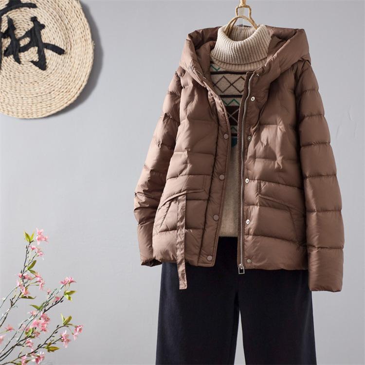 

2024 зима новый 90 белый утиный пух с капюшоном легкий пуховик женская мода повседневная однотонная теплая куртка M