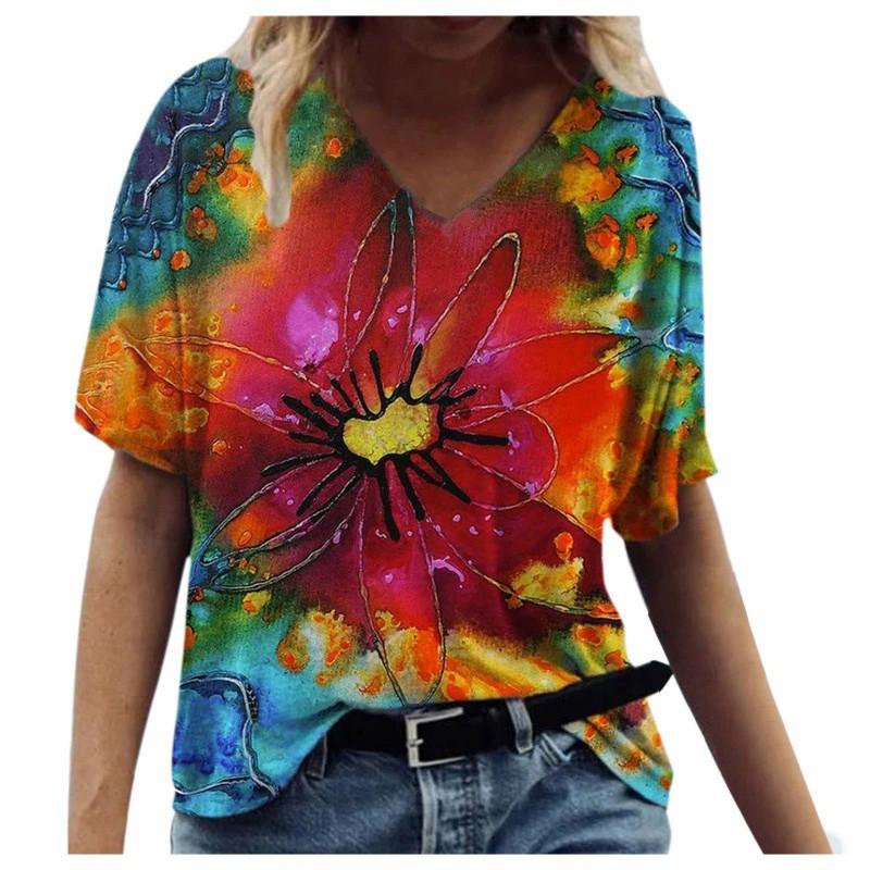 Summer Casual T Shirt With Floral Print And V Neck For Women