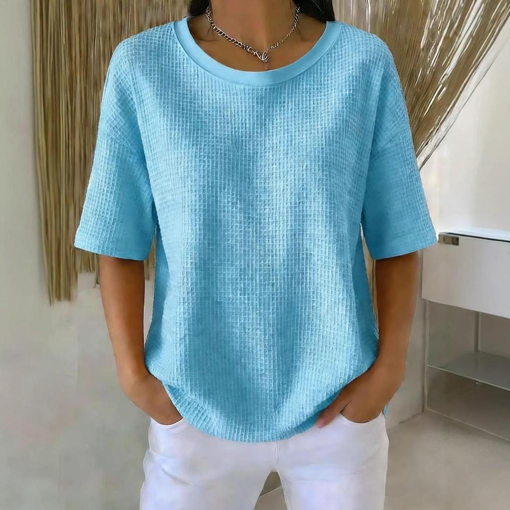 2026 Summer New Fashion: Simple Solid Color Waffle Knit Round Neck Short Sleeve Top