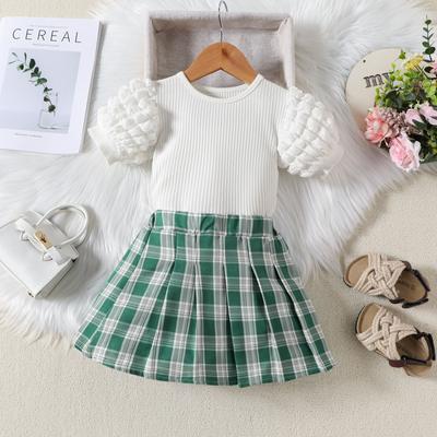 Moda Estiva Ragazze Top Bianco a Maglia con Maniche a Sbuffo + Gonna a Quadri Set 2 Pezzi per Abbigliamento Bambini Uniforme Scolastica