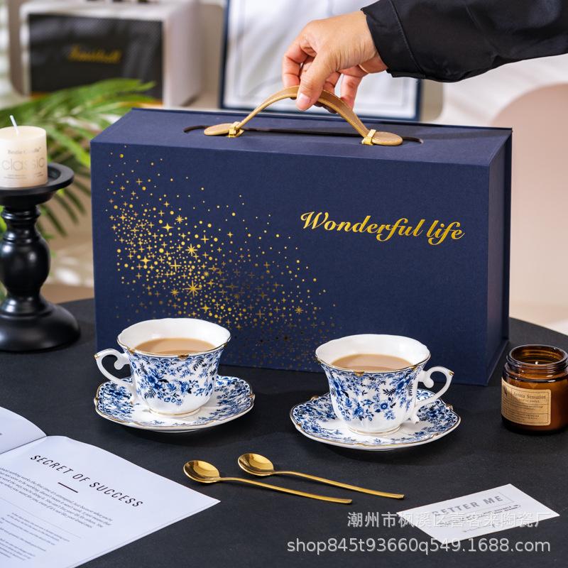 Niebieski Kwiat Miłości Porcelana Kostna Filiżanka do Kawy Spodek Ekskluzywna Wykwintna Ceramiczna Filiżanka do Kawy Damski Zestaw do Herbaty na Angielską Popołudniową Herbatę