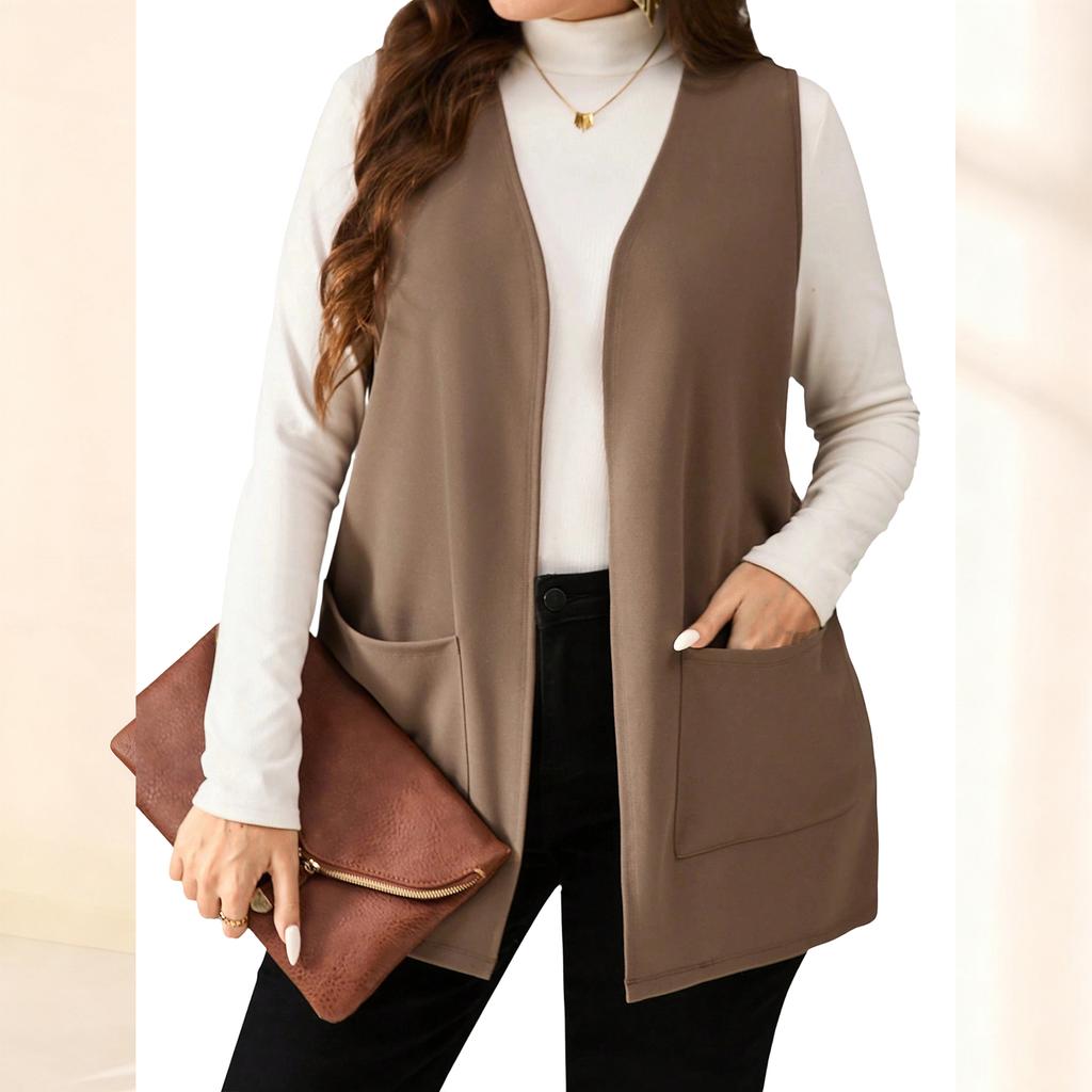 Ladies' Casual And Fashion V-neck Solid Color And Sleeveless Vest Jacket