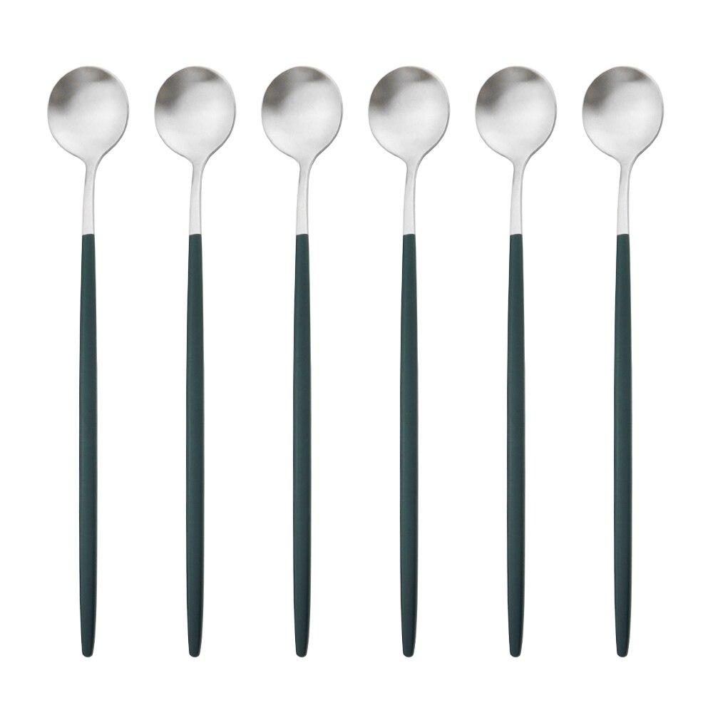 

Набір столових приборів із золота з довгою ручкою, 6 шт. Набір столових приладів із матової нержавіючої сталі. Полірований посуд для перемішування. Напій, морозиво, десерт, чай. срібний/зелений