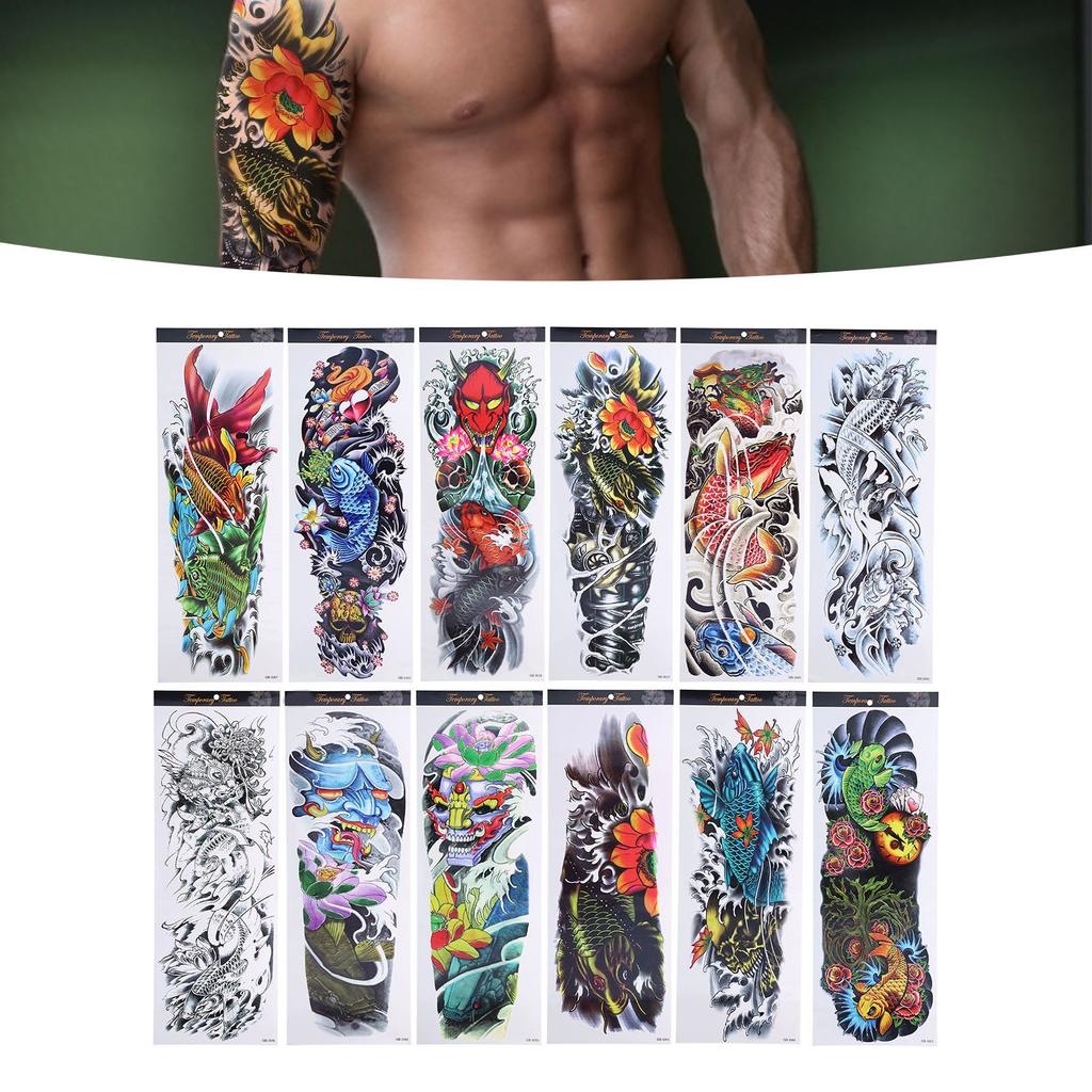 12pcs Fake Tattoo Sticker Temporary Waterproof Sweatproof Unisex Full Arm Tattoos Stickers